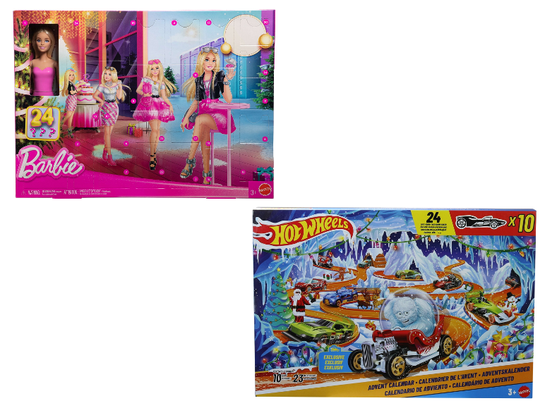 Deux calendriers de l'avent: un avec des poupées et accessoires, l'autre avec des voitures jouets.