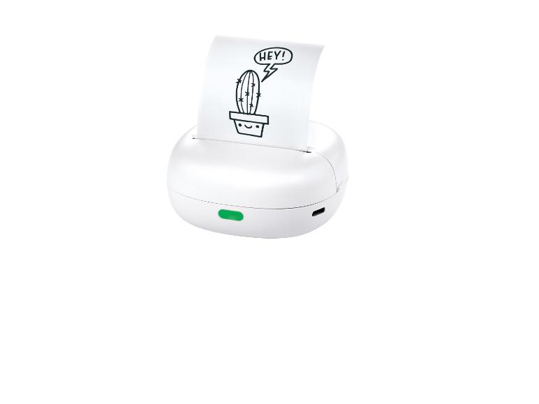 Imprimante portable blanche avec papier montrant un dessin de cactus avec le texte « HEY ! »