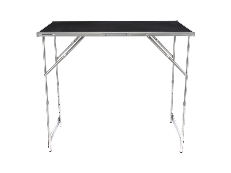 Table de travail pliable avec plateau noir et cadre métallique argenté