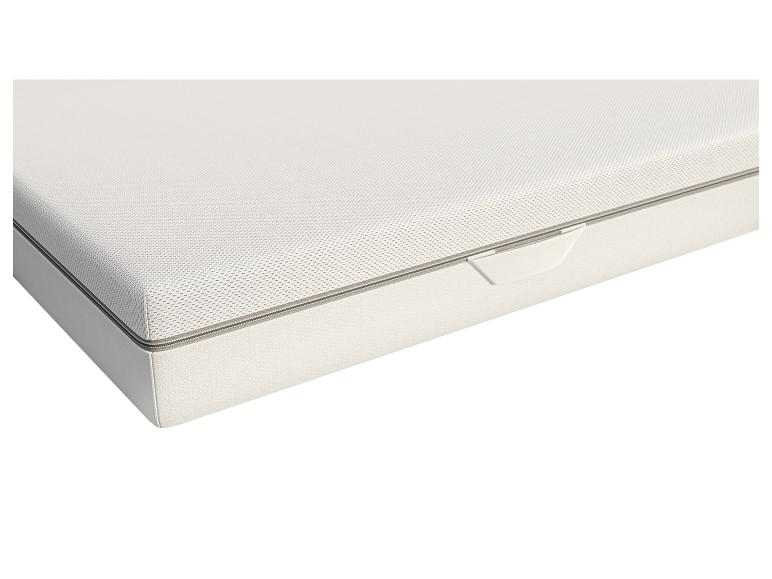 Gros plan d'un matelas blanc avec une fermeture éclair grise.