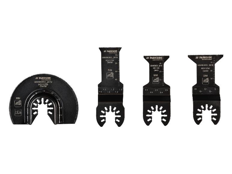 Quatre lames de scie oscillantes Parkside, dont une lame circulaire et trois lames droites.