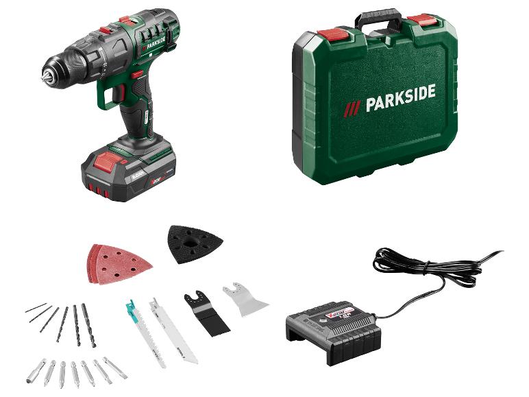 Perceuse sans fil avec batterie, chargeur, mallette et accessoires de bricolage.