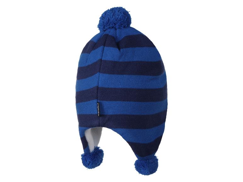 Bonnet d'hiver tricoté rayé bleu et bleu marine avec trois pompons et protège-oreilles
