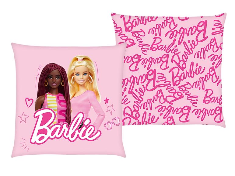Oreiller Barbie rose avec deux poupées et motif logo Barbie.