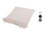 Plaid tricoté beige avec franges, avec échantillons de couleurs : beige, bleu foncé, marron.