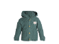 Cardigan bébé tricoté vert avec capuche, boutons en bois et écusson ours blanc.