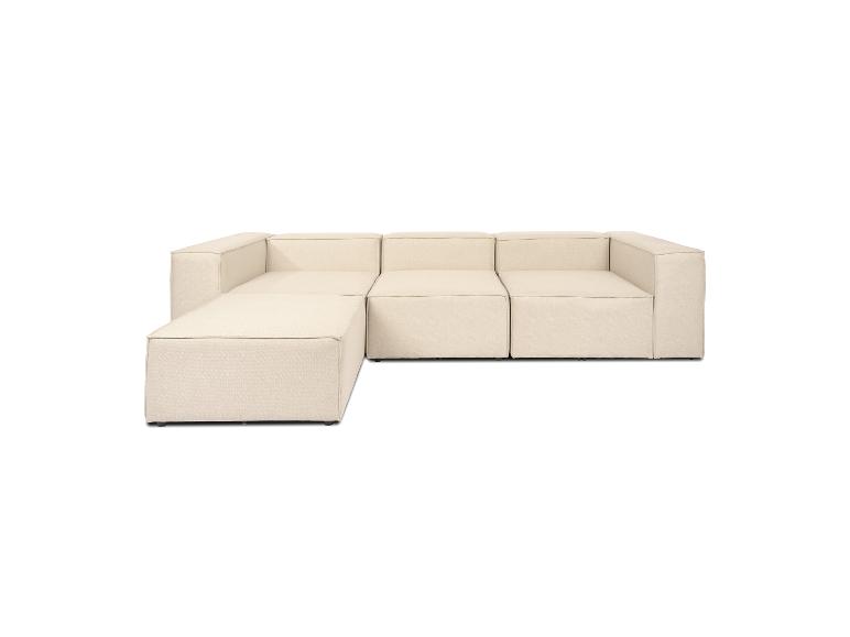 Canapé sectionnel modulaire crème avec pouf, isolé sur fond blanc.