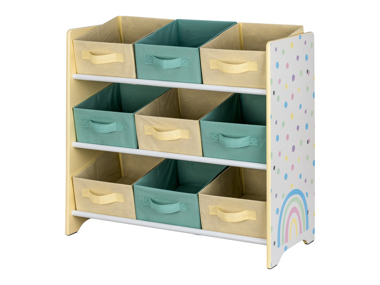 Une armoire de rangement en bois avec neuf paniers de rangement en beige et turquoise, avec un design arc-en-ciel.