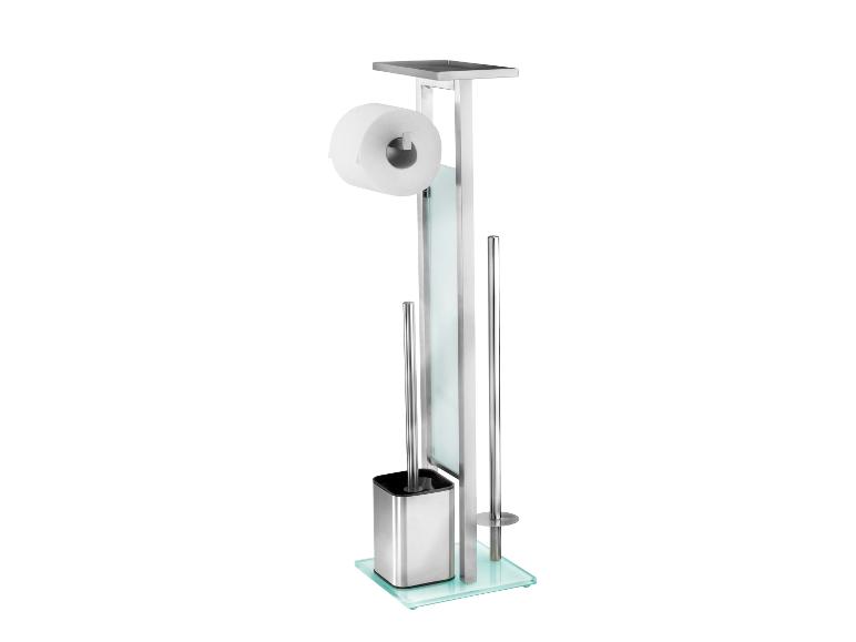 Ensemble porte-papier toilette et brosse WC moderne en acier inoxydable.