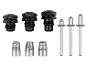 Ensemble d'outils de rivetage avec trois buses noires, trois rivets argentés et trois têtes de rivetage.