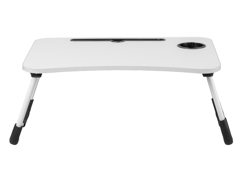 Table pliante blanche pour ordinateur portable avec porte-gobelet.