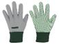 Une paire de gants de jardinage gris avec des poignets verts et des points antidérapants