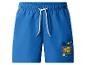 Short de bain bleu avec taille élastique et motifs géométriques colorés.