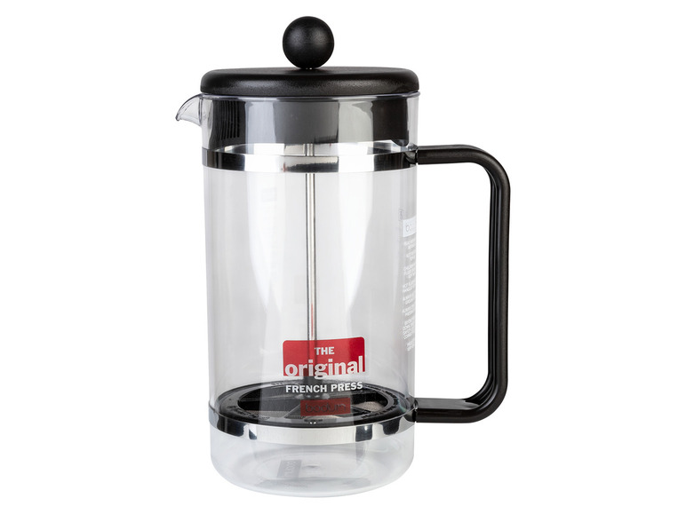 Une cafetière à piston 'The Original' en verre.