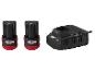 Deux batteries rechargeables noires et rouges Parkside X 12V Team et un chargeur noir.