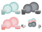 Service de table Le Creuset avec assiettes, bols et tasses en plusieurs couleurs.