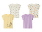 Quatre t-shirts pour bébés avec différents imprimés : des abeilles, des fruits, le soleil et un arc-en-ciel.