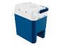 Glacière électrique bleue et blanche, idéale pour les sorties.
