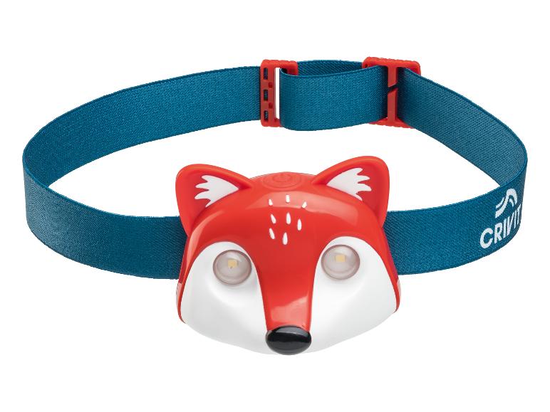 Lampe frontale Crivit renard rouge pour enfant.
