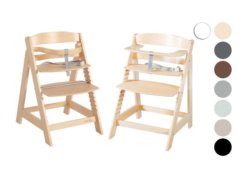 Deux chaises hautes en bois Roba dans différentes configurations, avec options de couleur.