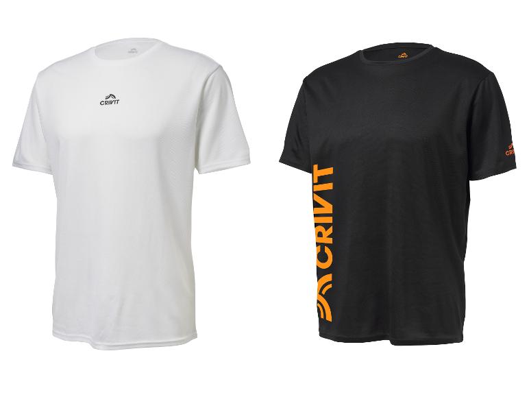 Deux t-shirts de sport Crivit, un blanc avec logo noir et un noir avec logo orange.
