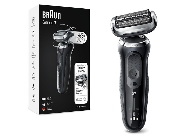 Un rasoir électrique Braun Series 7 avec technologie 360° Flex.