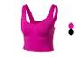 Crop top de sport fuchsia à larges bretelles, disponible en fuchsia et noir.