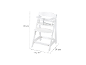 Chaise haute blanche pour bébé avec ceinture de sécurité et dimensions : 80 cm (hauteur), 44,5 cm (largeur), 54 cm (profondeur).