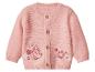 Cardigan bébé rose en tricot avec broderie Minnie Mouse et fleurs.