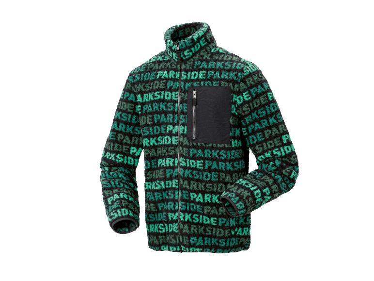 Veste polaire verte et noire avec motif texte, fermeture éclair et poche poitrine.