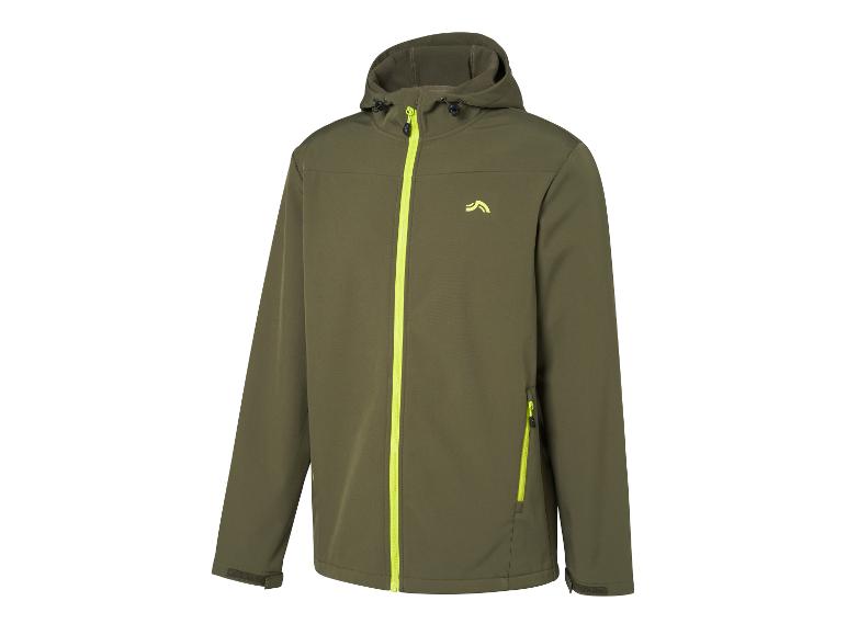 Veste softshell vert olive avec fermeture éclair et logo jaune fluo.