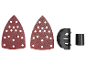 Deux feuilles de papier abrasif triangulaires et deux pièces en plastique pour outil de ponçage.