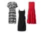 Trois robes d'été : imprimé noir et blanc, noir et rouge.