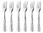 Six fourchettes argentées brillantes alignées sur un fond blanc.