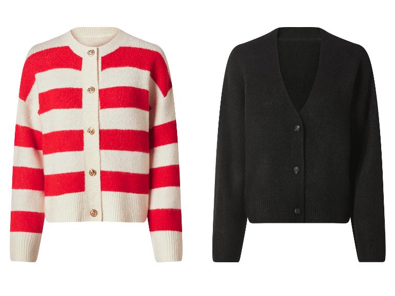Deux cardigans en maille: un rayé rouge et blanc avec des boutons dorés, et un noir avec des boutons noirs.