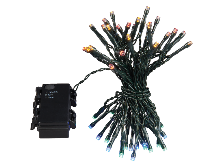 Guirlande lumineuse LED multicolore avec câble vert et boîtier de commande (minuterie, on, off).