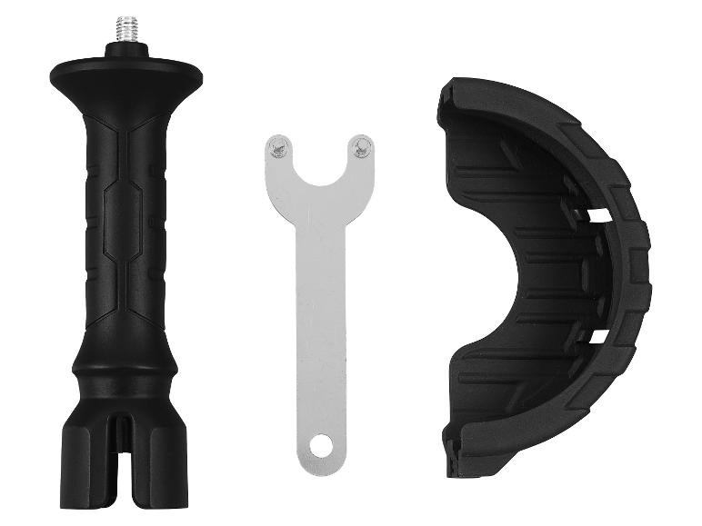 Poignée noire, clé métallique et protection de sécurité pour meuleuse d'angle.