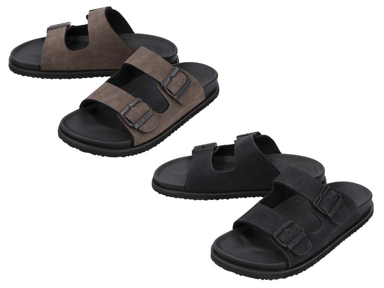 Sandales femme à deux brides et boucles, disponibles en marron et noir.