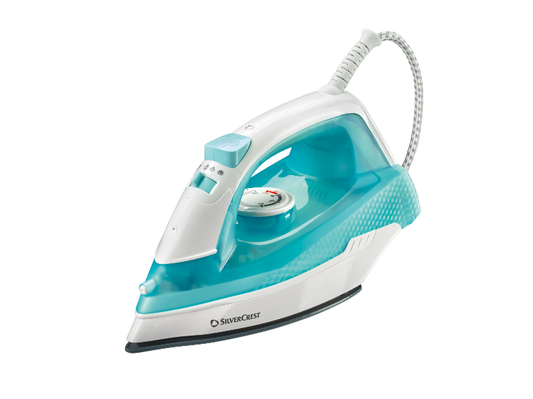 Fer à repasser SilverCrest turquoise et blanc.