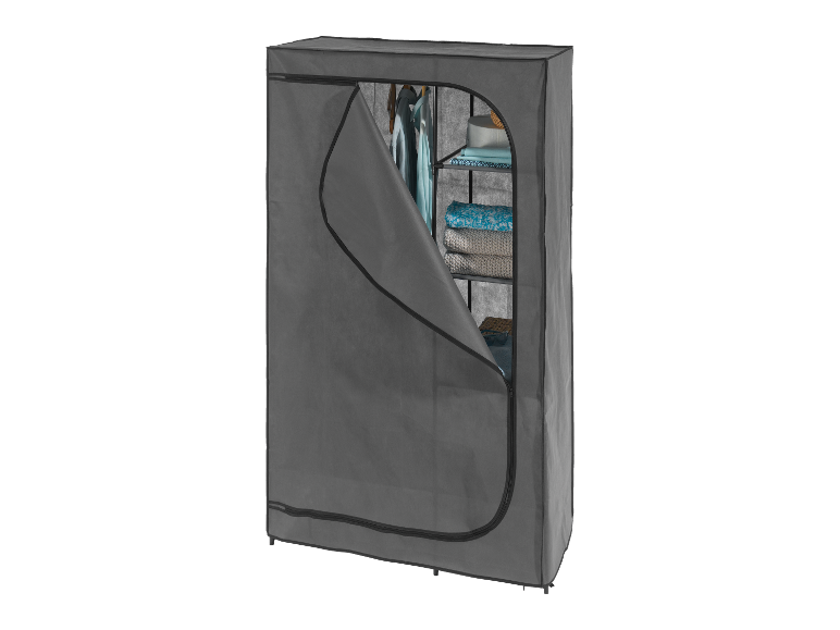 Une armoire textile grise avec des étagères et une barre à vêtements.