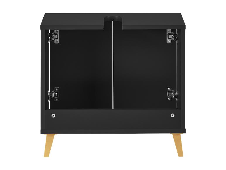 Meuble de salle de bain noir avec portes ouvertes et pieds en bois.