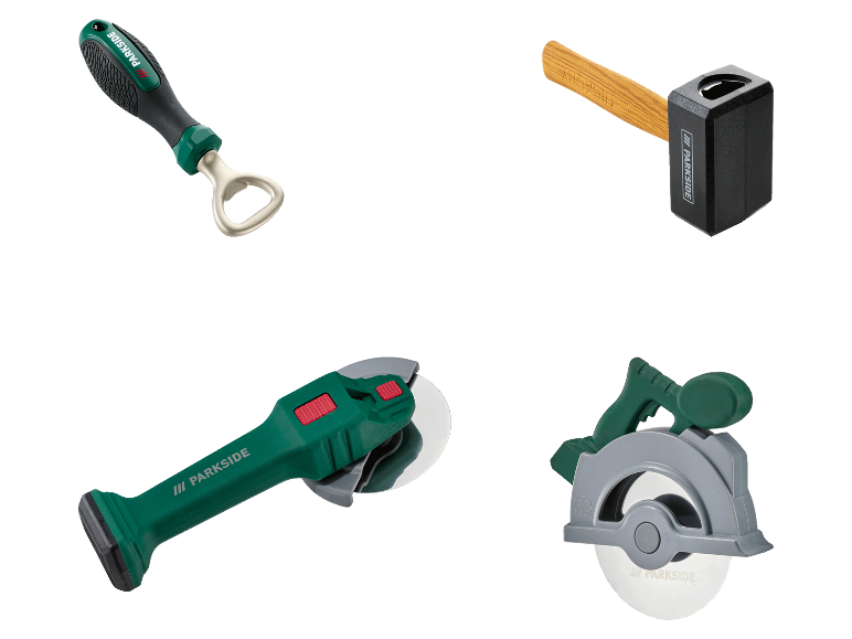 Outils Parkside : ouvre-bouteille, marteau, coupe-pizza et scie circulaire.