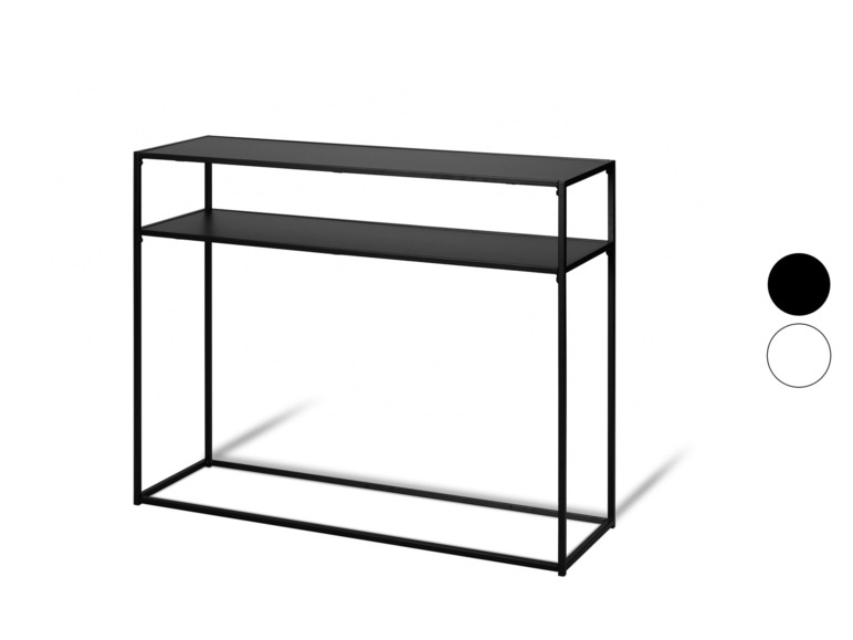 Une console en métal noir avec deux étagères.