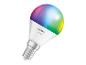 Une ampoule LED intelligente avec une lueur colorée, semblable à un arc-en-ciel et une base blanche.