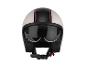 Un casque de moto rétro blanc avec une visière noire et une bande rouge.