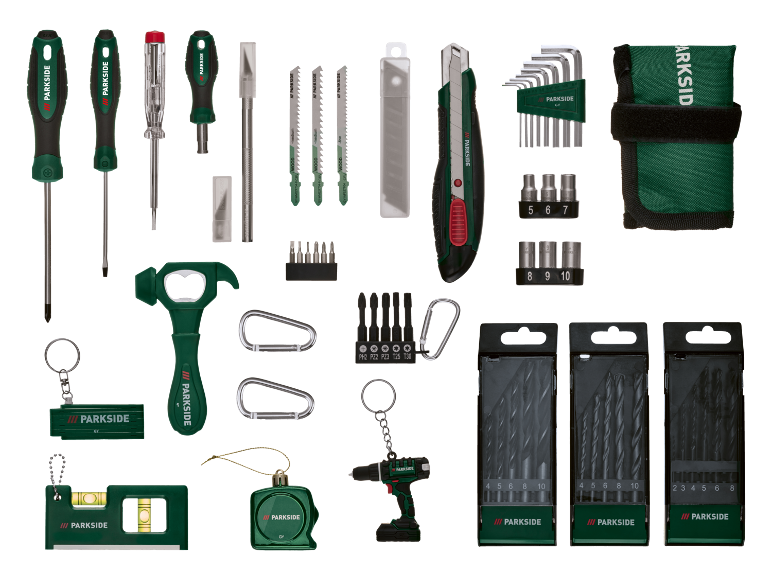 Ensemble d'outils variés comprenant tournevis, clés, forets et outils miniatures.