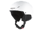 Casque de ski blanc avec ouvertures de ventilation et jugulaire réglable.