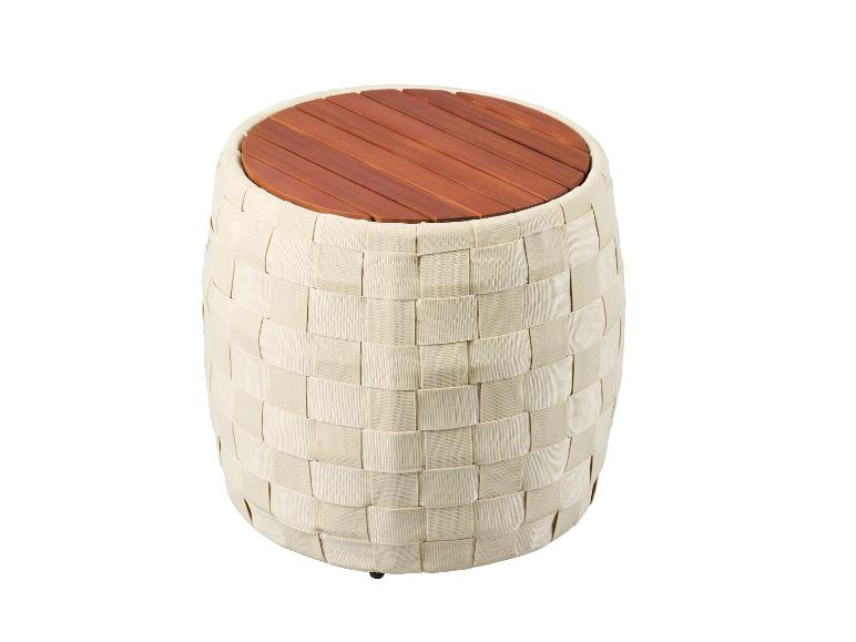 Tabouret rond en osier beige avec plateau en bois marron.