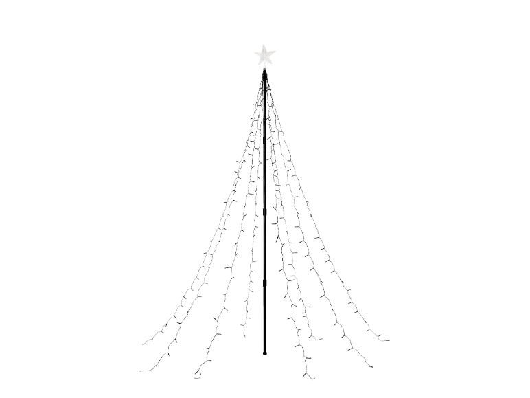 Sapin de Noël LED avec une étoile blanche au sommet sur fond noir.
