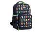 Sac à dos noir avec imprimé de personnages de jeux vidéo pixelisés et accents verts.